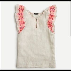 JCrew flutter sleeve embroidered linen top